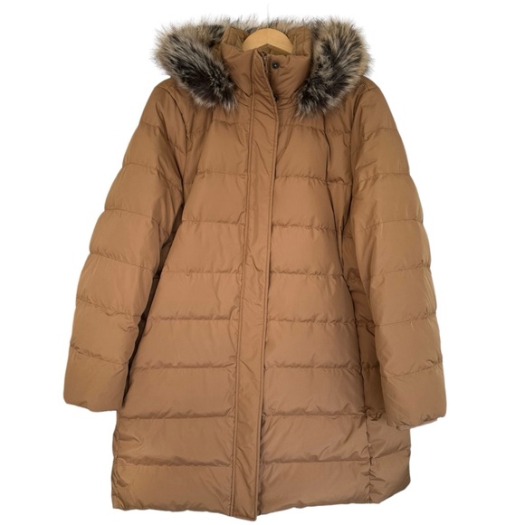 Lands End Down Puffer Parka Jacket with Faux Fur Hood Mid Thigh Tan Size 1X - Picture 3 of 15